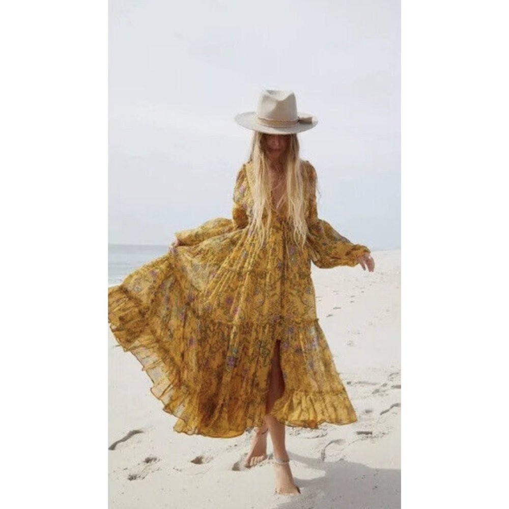 FREE PEOPLE Cassis Gold Tumeric Floral Printed Ruffled Tiered Maxi Dress
